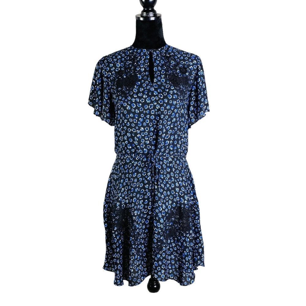 Reiss Amalia Ditsy Print Lace Dress Black Blue Floral Size 4